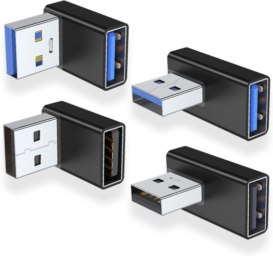 AreMe 90 Degree USB 3.0 Adapter 4 Pack, Up and Down Angle, Left and Right Angle USB A Male to Female Converter Extender for PC, Laptop, USB A Charger, Power Bank and More (Black)