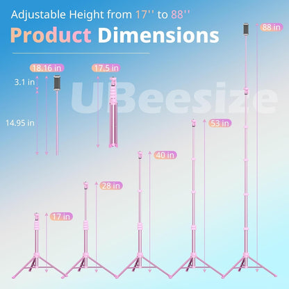 UBeesize 88’’ Flexible Phone Tripod with 14.95’’ Gooseneck, Remote and Phone Holder, Overhead Cell Phone Stand＆Selfie Stick for Video Recording, Compatible with iPhone Android Phone, Camera Pink