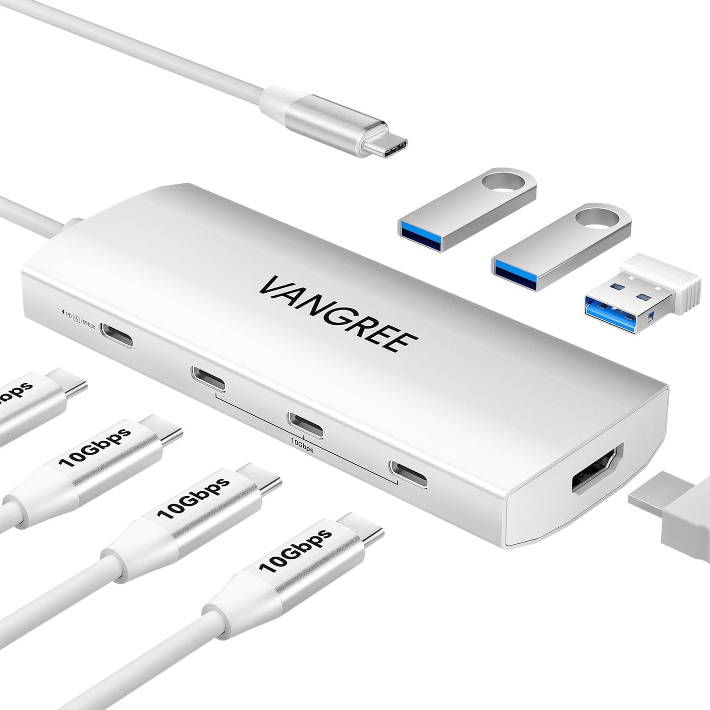 USB C Hub 8 in 1 Multiport Adapter, 3 USB 3.2 Gen 2 Ports with 10Gbps, 3 USB-A 3.0 5Gbps, 4K@60Hz HDMI, 100W PD, USBC Splitter for MacBook Pro, iPad Pro, Mac mini and More(Not Support USB-C Monitor)