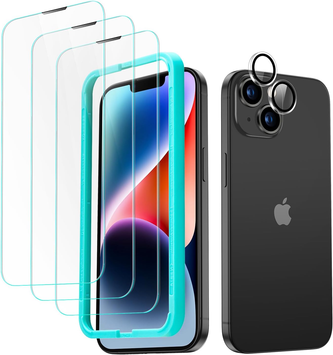 ESR for iPhone 14 Screen Protector Set, 3 Tempered-Glass Screen Protectors and 1 Set of Camera Lens Protectors, Smooth Rounded Edges, Full-Coverage Military-Grade Protection, Scratch Resistant