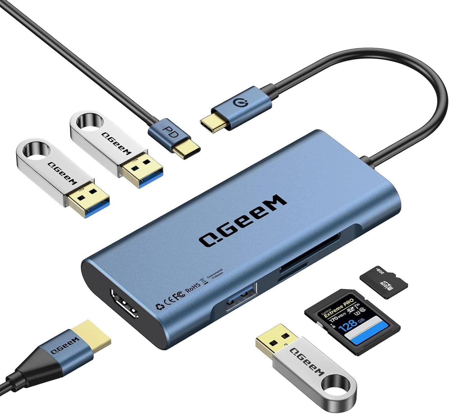 USB C Hub, QGeeM USB 4k to HDMI Adapter, 7 in 1 USB-C Dongle with 100W PD,USB 3.0, Card Reader, Compatible for MacBook iPhone 15/16 Ipad Pro max,Chromebook Laptop USB Type C Dock-Blue