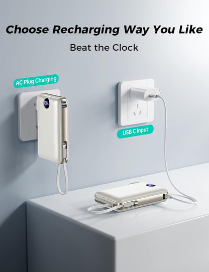 Portable Charger with Built in Cable & Wall Plug, 50000 mAh Power Bank, 22.5W Fast Charging, 4 Outputs, Travel Essential Battery Pack with LED Display for iPhone 17/16/15/14 Series, Samsung, iPad etc