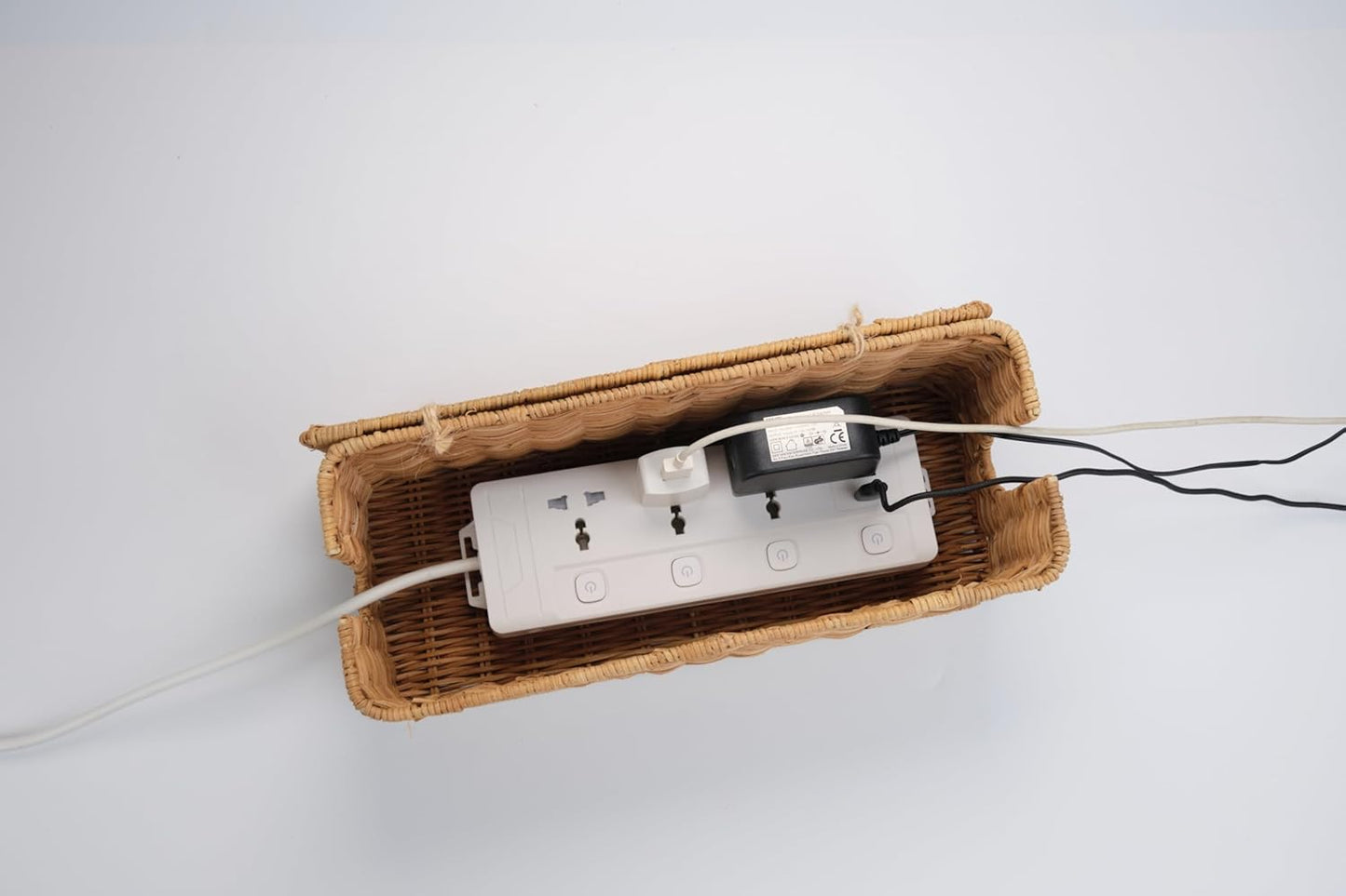 PEMAR Natural Rattan Wicker Cable Management Box, Cable Organizer, 2 Open Slots, Under Desk Cord Organizer, Cover & Hide Power Strips for TV Desk, Computer, Router, USB Hub (Natural Brown Color)