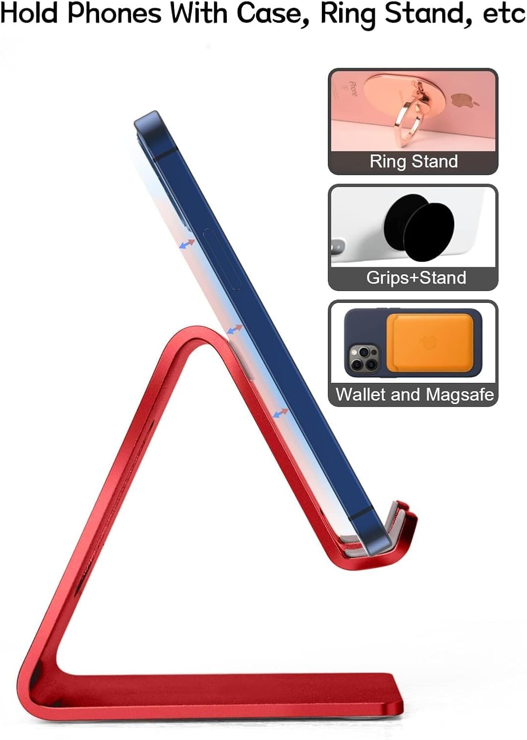 Desk Cell Phone Stand, Phone Holder, Aluminum Mobile Phone Cradle Dock for iPhone 14 13 12 pro 11 X Xs max 8 7 6 6s Plus SE 5 5s SE Samsung, All Smart Phones, Red