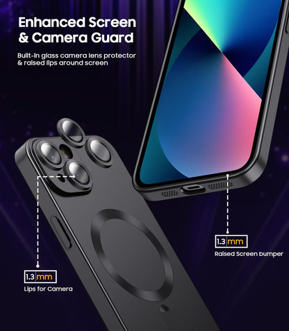Magnetic for iPhone 13 Case [Compatible with MagSafe][Built-in Camera Lens Protector] Slim Soft Silicone Bumper Shockproof Metallic Luster Phone Case (Black)