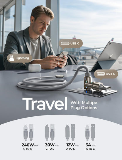 LISEN USB C to Lightning Cable, 240W 4 in 1 Charging Cable 6.6FT, Chubby USB A/C to C/Lightning with Light for iPhone 16e 16 15 14 Pro/MacBook/iPad/Samsung S25/Switch 2, Multi Chargers for All Devices