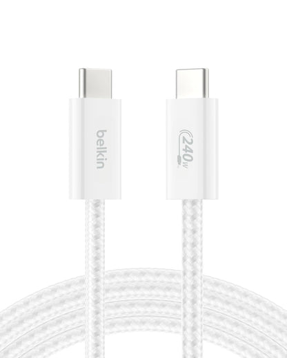 Belkin USB C to USB C Cable, 6.6ft, 240W - Type C Charger, iPhone Charger Cord, Soft, Braided, Flexible for iPhone 17, Galaxy S25, Pixel 10, MacBook, Chromebook, iPad Pro, Switch Steam Deck – White