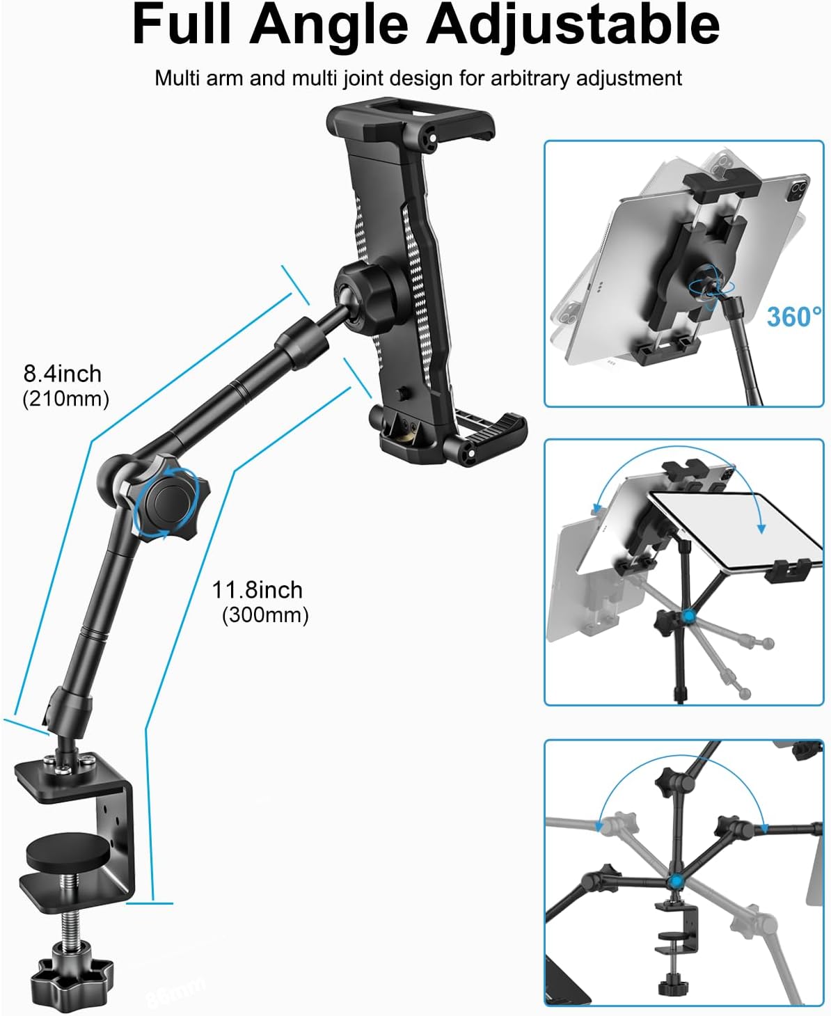 Aluminum Tablet Stand Holder for Desk Mount - [Small Portable] Tablet Holder for Kitchen, Bed Clip with 1.26" Depth Large Clamp for iPad Pro 13 Air Mini, Galaxy, Fire, Switch, iPhone, 6-15.6" Devices