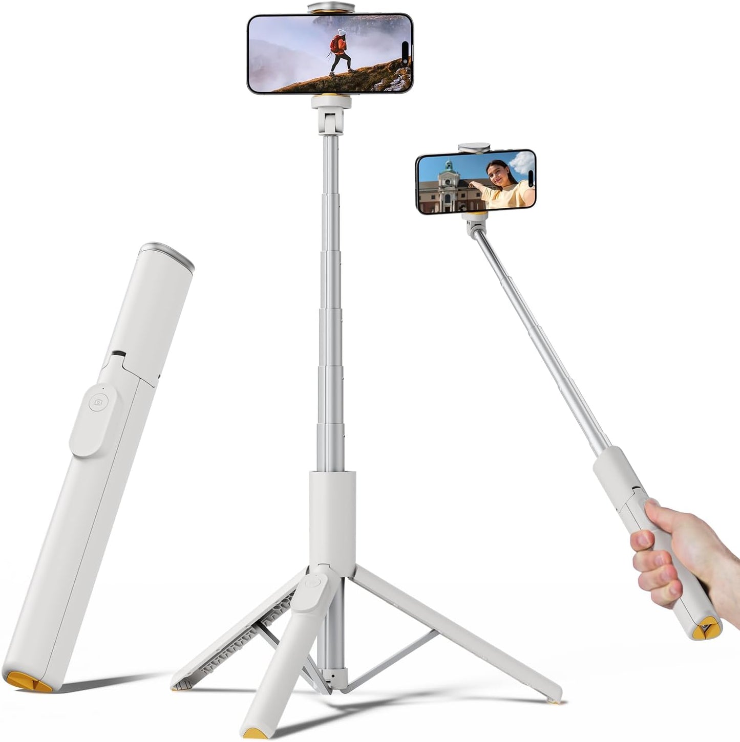 TODI Selfie Stick Tripod for iPhone, 60" Lightweight Phone Tripod Stand with Wireless Remote, Extendable Selfie Stick for Android, All-in-1, Compatible with iPhone/Android (White)