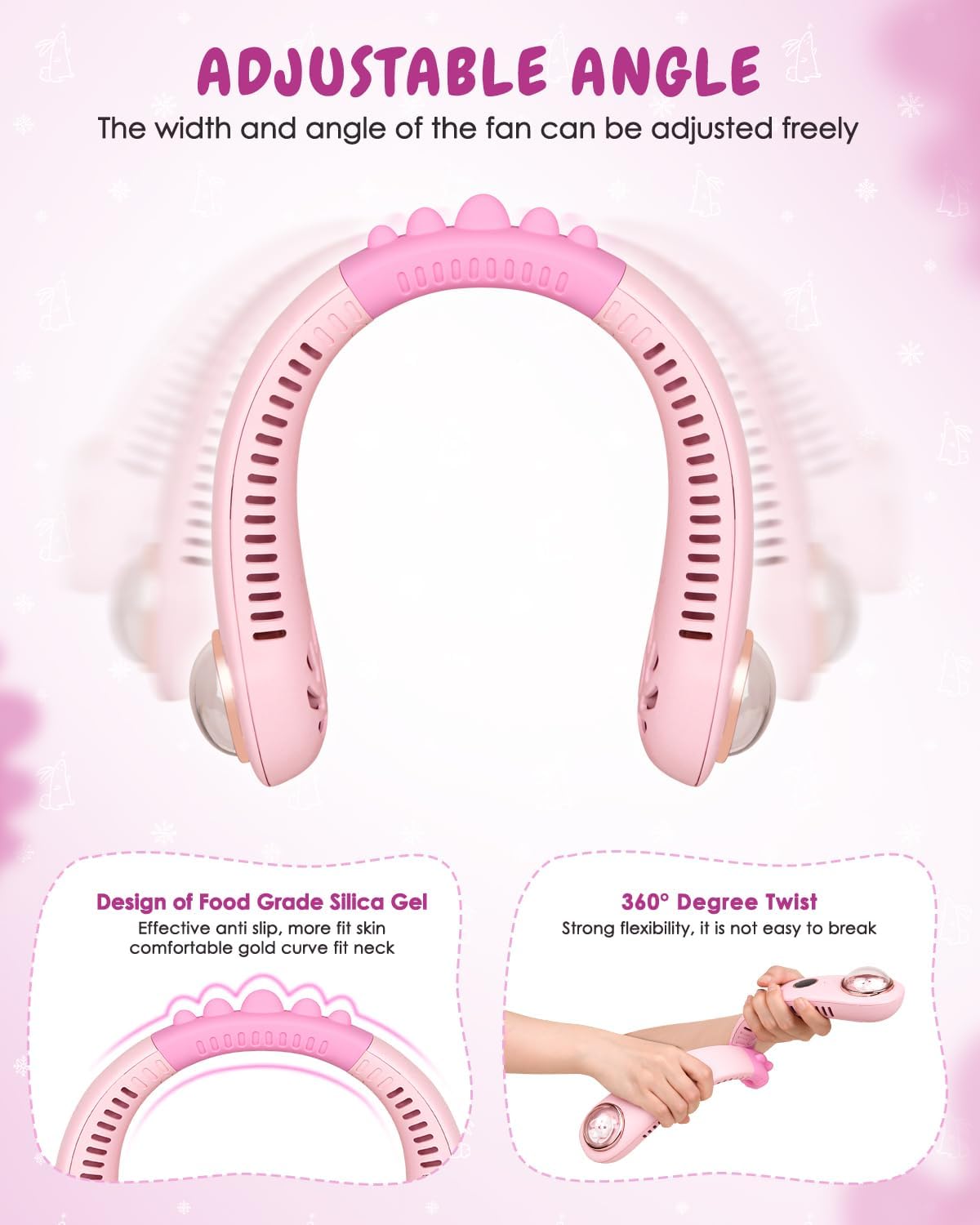 Neck Fan for Kids,Bladeless Portable Fan Rechargeable for 4-14Y Girls & Boys, 2400mAh USB Personal Cooling Mini Fan Rechargeable for Travel/Disney/Camping, 3 Speeds, Summer Essentials(Pink)