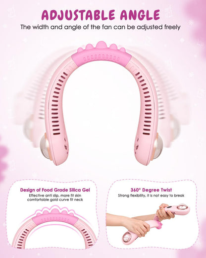 Neck Fan for Kids,Bladeless Portable Fan Rechargeable for 4-14Y Girls & Boys, 2400mAh USB Personal Cooling Mini Fan Rechargeable for Travel/Disney/Camping, 3 Speeds, Summer Essentials(Pink)