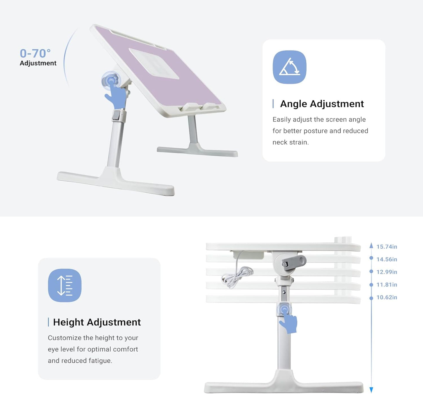 Laptop Lap Desk Include Cooling Fan,Adjustable Lap Desk with Light Fan,Folding Laptop Desk for Bed with USB,Bed Desk with Storage Drawer 60x40cm,Purple