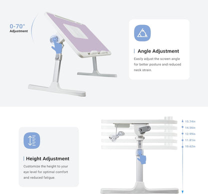 Laptop Lap Desk Include Cooling Fan,Adjustable Lap Desk with Light Fan,Folding Laptop Desk for Bed with USB,Bed Desk with Storage Drawer 56x32cm,Purple
