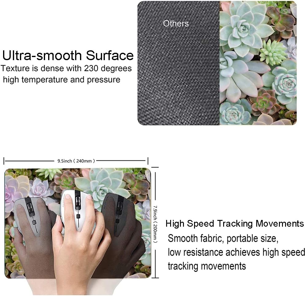 Cute Succulents Mouse Pad, Natural Plants Mousepad for Design, Anti-Slip Rubber Base Wireless Mouse Pads for Laptop