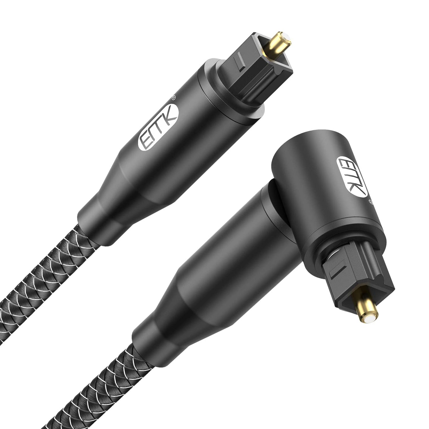 EMK 90 Degree Right Angle Optical Audio Cable [12ft/4M] - 360° Rotatable Digital Toslink SPDIF Cable for Soundbar to TV, Home Theater - Black Fiber Optic Cable with Angled Connector