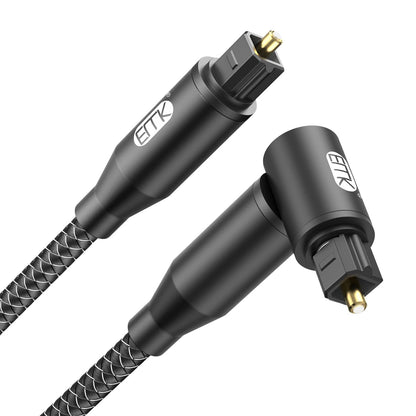 EMK 90 Degree Right Angle Optical Audio Cable [24ft/7.6M] - 360° Rotatable Digital Toslink SPDIF Cable for Soundbar to TV, Home Theater - Black Fiber Optic Cable with Angled Connector
