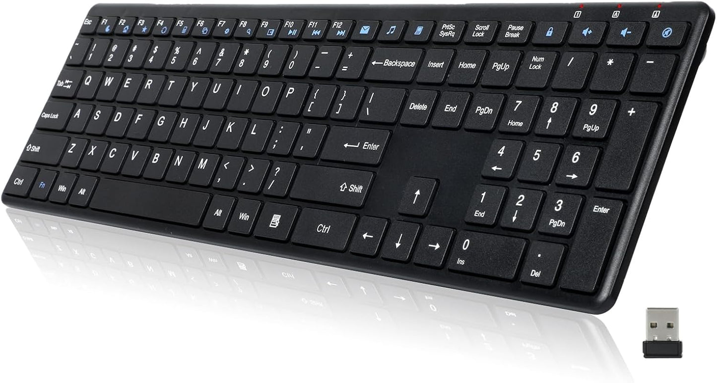 Wireless Keyboard-2.4G Ultra Slim Quiet Full Size Matte USB PC Computer Keyboard,19 Multimedia Keys,Number Pad,Plug&Play,Lag-Free Ergo,Long Battery life for Desktop,Laptop,Smart TV,MAC,Windows,QWERTY