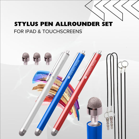 The Friendly Swede Mesh Tip Stylus Pen for Touchscreen — 3-Pack Micro-Knit Capacitive Stylus Pen for iPad & iPhone with 3 Replaceable Fiber Tips, Elastic Lanyards & Screen Cleaning Cloth
