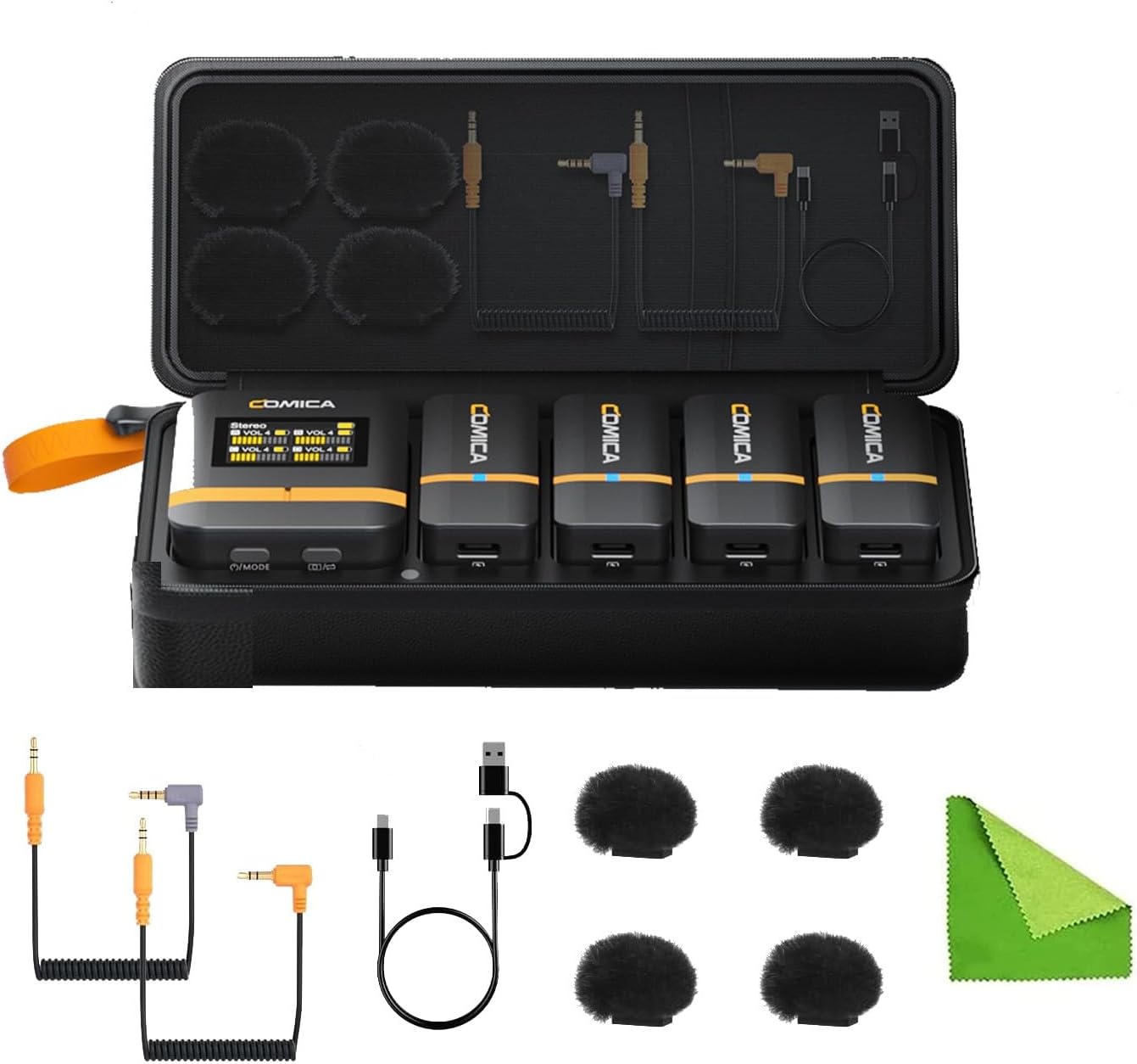 COMICA Vimo Q Four-Channel Mini Wireless Lavalier Microphone System with 4 Transmitters and 1 Receiver with Charging Case for Phone Video Recording Interview Youtubers Vloggers