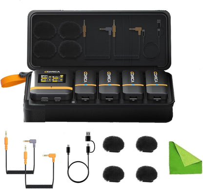 COMICA Vimo Q Four-Channel Mini Wireless Lavalier Microphone System with 4 Transmitters and 1 Receiver with Charging Case for Phone Video Recording Interview Youtubers Vloggers