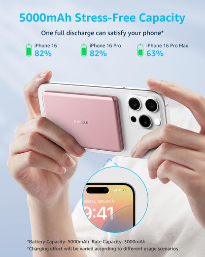 “Air” Power Bank for MagSafe 5000mAh, Ultra Slim Magnetic Wireless Portable Battery Charger Case with USB-C Cable, Compatible with iPhone 17/16/15/14/13/12 Series Only (Pink)