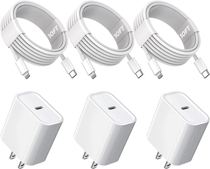 10FT iPhone Fast Charger,3Pack Extra Long[Apple MFi Certified]iPhone Charger Fast Charging Quick 10Foot USB C to Lightning Cable Cord Adapter Block for iPhone 14 Pro Max/14 Plus/13/12Mini/11/XS/X/iPad