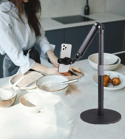 Heavy Duty Overhead Phone Stand for Desk Video Recording for iPhone Holder, with Extension Arm, 360° Swivel, for Filming, Meeting, Cooking, Painting and Crafting