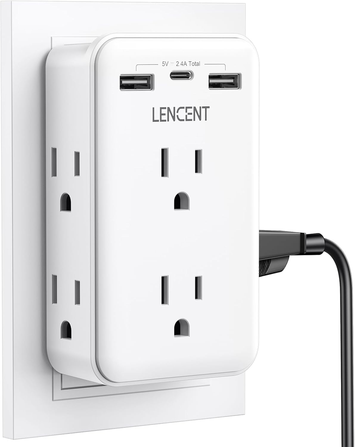 LENCENT 2 to 3 Prong Outlet Adapter, 2 Prong Power Strip with 6 AC Sockets 3 USB Ports(1 USB C), 3-Sided Wall Plug Splitter, 1875W Max, Compact Adapter for Non-Grounded Outlets in Old Houses