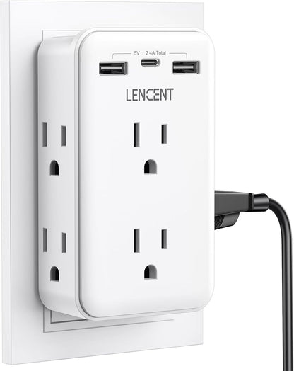 LENCENT 2 to 3 Prong Outlet Adapter, 2 Prong Power Strip with 6 AC Sockets 3 USB Ports(1 USB C), 3-Sided Wall Plug Splitter, 1875W Max, Compact Adapter for Non-Grounded Outlets in Old Houses