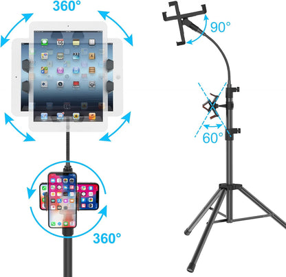 Tripod Stand for Ipad,Gooseneck 65-inch Floor Stand for Tablet,Floor Stand for iPad Tripod with 360° Rotating Mount for Mini, Air, Pro and All 4.7-11.9 Inch Tablet and Phone