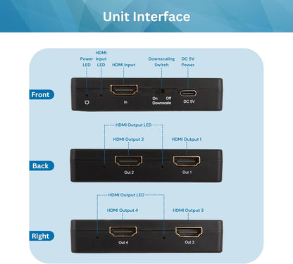 J-Tech Digital HDMI Splitter 4K 60Hz 1X4 Multi-Resolution Output (MRO) HDMI 2.0 Splitter Supports downscale HDR HDR10 / Dolby Vision 4K@60Hz 4:4:4 HDCP2.3 2.2 (JTECH-4KSP4)