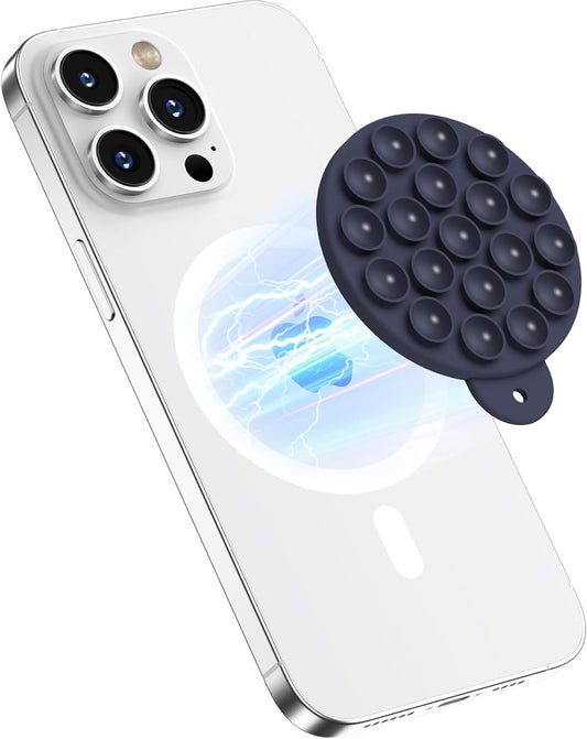 Magnetic Suction Cup Phone Mount for MagSafe Case, Silicone Hands-Free Grip Holder for iPhone and Android, Mirror Shower Phone Stand for Makeup FaceTime Gym Kitchen Bathroom, Midnight Blue