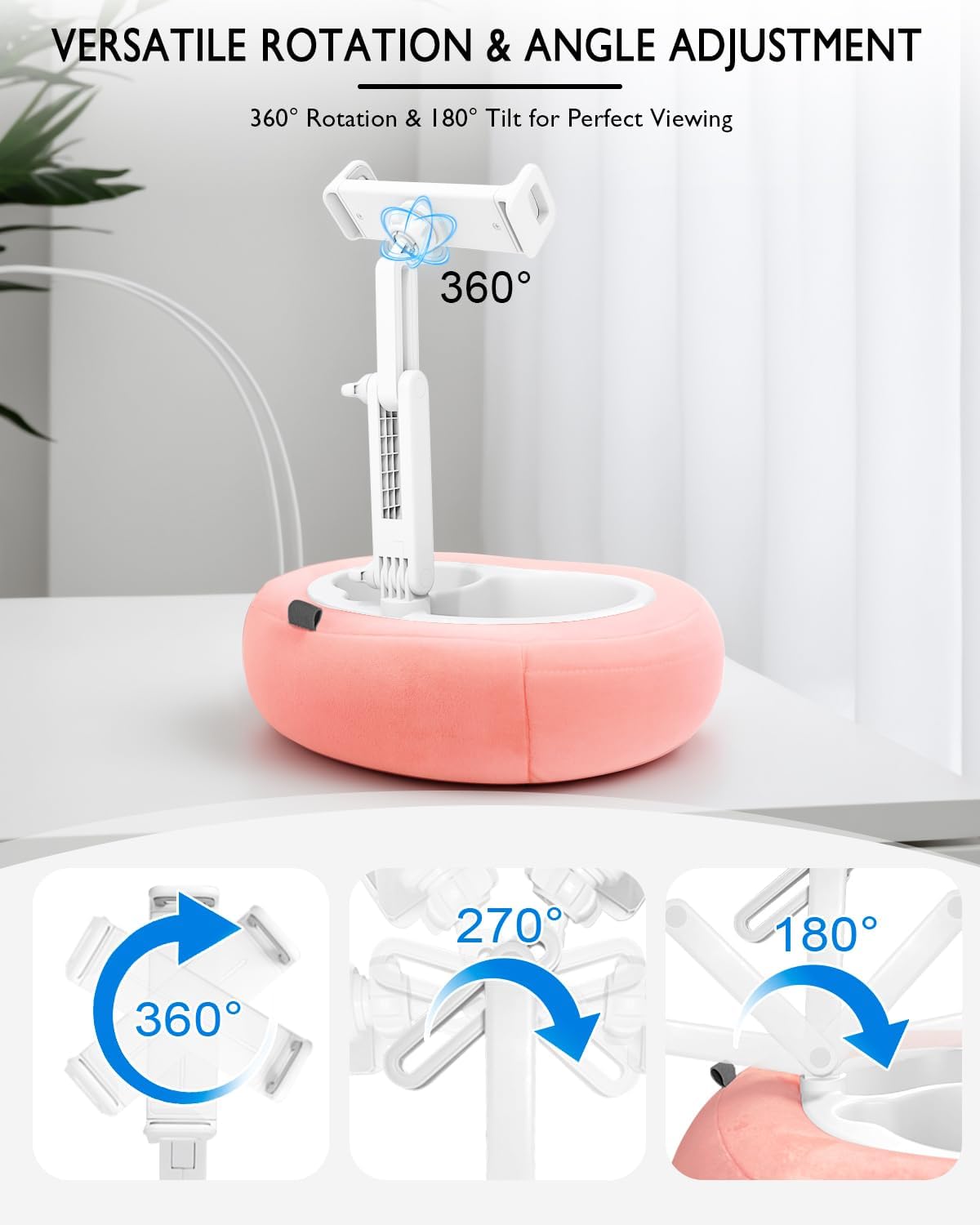 Tablet Pillow Stand, Compatible with 5"-12.9" Kindle, iPad, Phone/Tablet, Google, Samsung, 360° Rotating Phone Holder for Bed, Soft Plush Fabric, Detachable Bowl, Reading and Relaxation on Bed, Pink