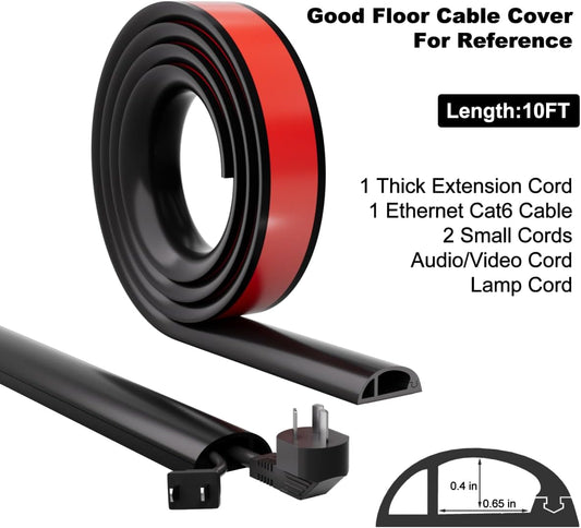 10FT Side-Open Extension Cord Covers for Wires on Floor,Silicone Power Cable Protector Cord Hider Management Strip,Hide Electric Wire on Carpet,Chord Runner Protective Safety Wiremold,Black