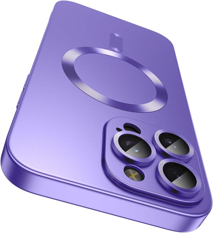 Magnetic for iPhone 15 Pro Case [Compatible with MagSafe][Built-in Camera Lens Protector] Slim Soft Silicone Bumper Shockproof Metallic Shine Phone Case (Purple)