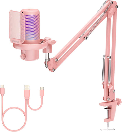 FEELWORLD VM1 Pink Gaming PC USB Microphone Condenser Mic with Noise Cancellation Mute RGB Light, Computer Accessories Gifts for Gamer YouTube Twitch Podcast Streaming Recording Online Chat PS4 PS5