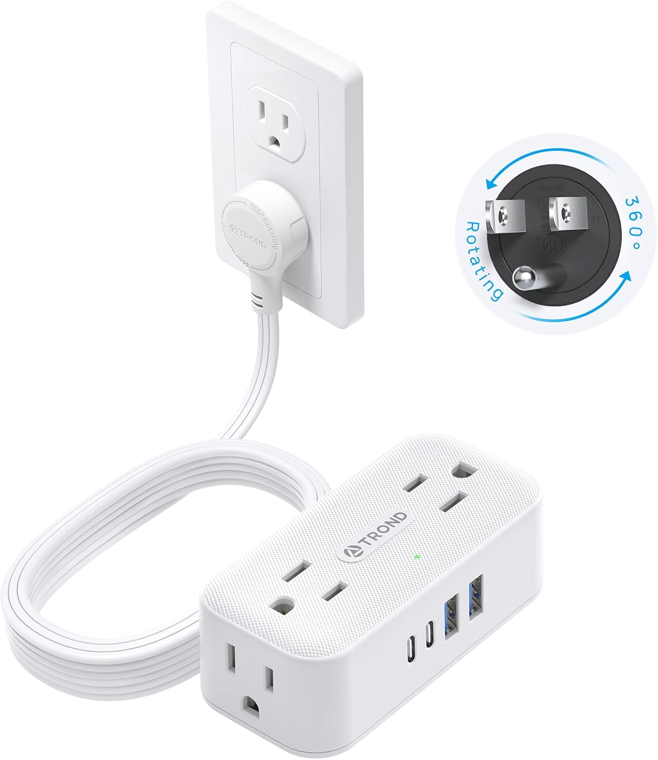 TROND 360° Rotating Flat Plug Power Strip, 10FT Extension Cord with 4 USB Ports, 4 Wide Spaced AC Outlets, Wall Mount, Surge Protector Power Strip for Office Travel Dorm Room Essentials, White