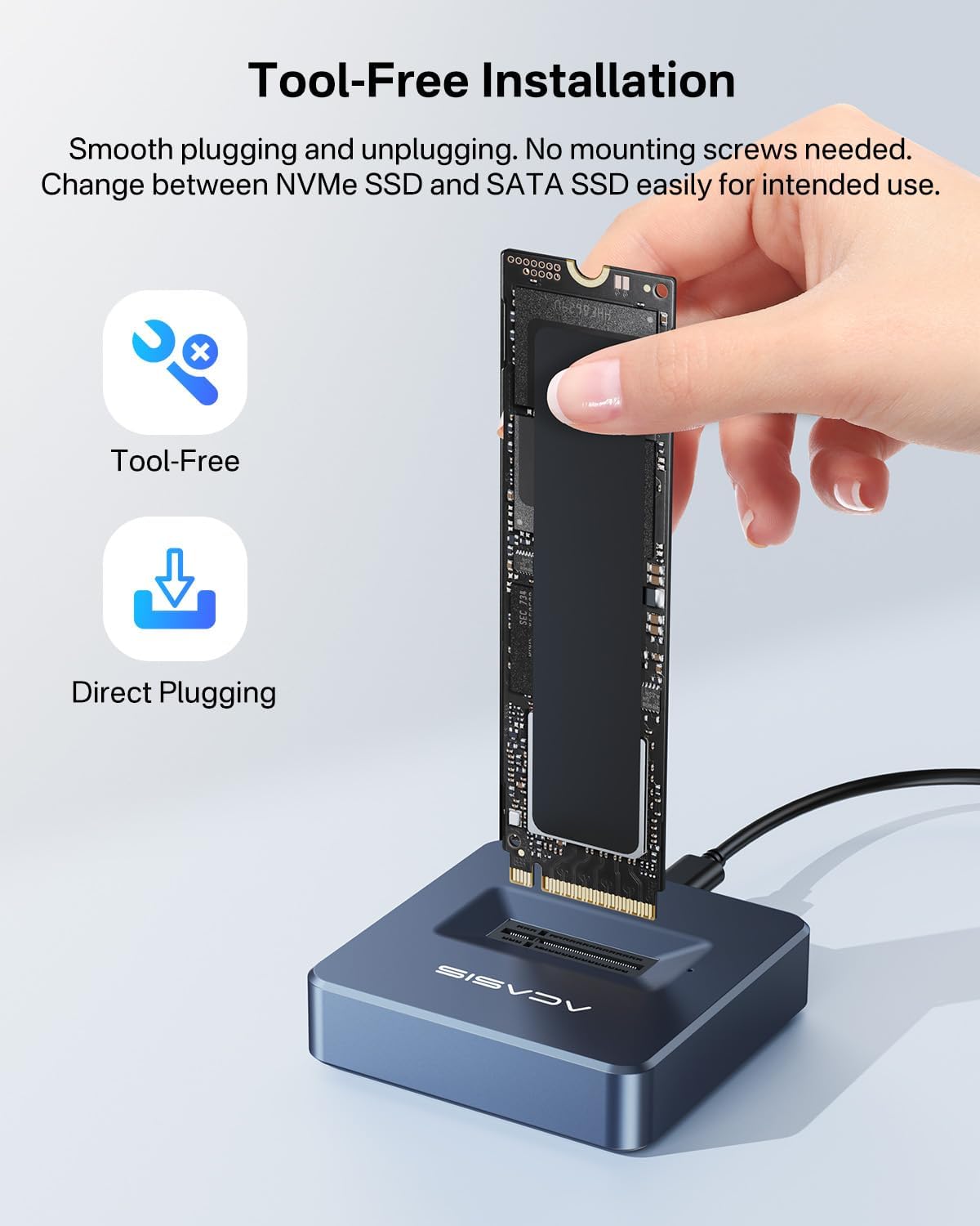 ACASIS NVME SSD Reader Adapter, Aluminium Alloy Housing Fast Heat Dissipation, NVME to USB Docking Station, M.2 SSD to USB Adapter 10Gbps, Support M.2 (M Key) NVMe SSD and (B+M Key) SATA-Based SSD