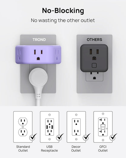 TROND Purple Outlet Extender - Plug Splitter with 3-Prong Grounded Sockets, 3 Way Angled Outlet Adapter, Wall Plug Expander, Cruise Ship Essentials, Compact and Practical for Travel Home Decoration