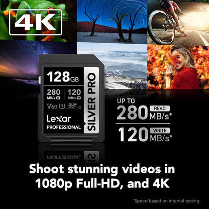 Lexar 128GB Professional SILVER PRO SD Card, UHS-II, C10, U3, V60, Full HD, 4K, Up To 280MB/s Read SDXC Memory Card, for Professional Photographer, Videographer, Enthusiast (LSDSIPR128G-BNNNU)