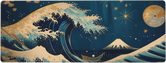 Gaming Mouse Pad, Large Non-Slip Rubber Base Mousepad, Keyboard Mouse Mat, Desk Pad with Stitched Edges, 31.5x11.8inch, Wave Moon