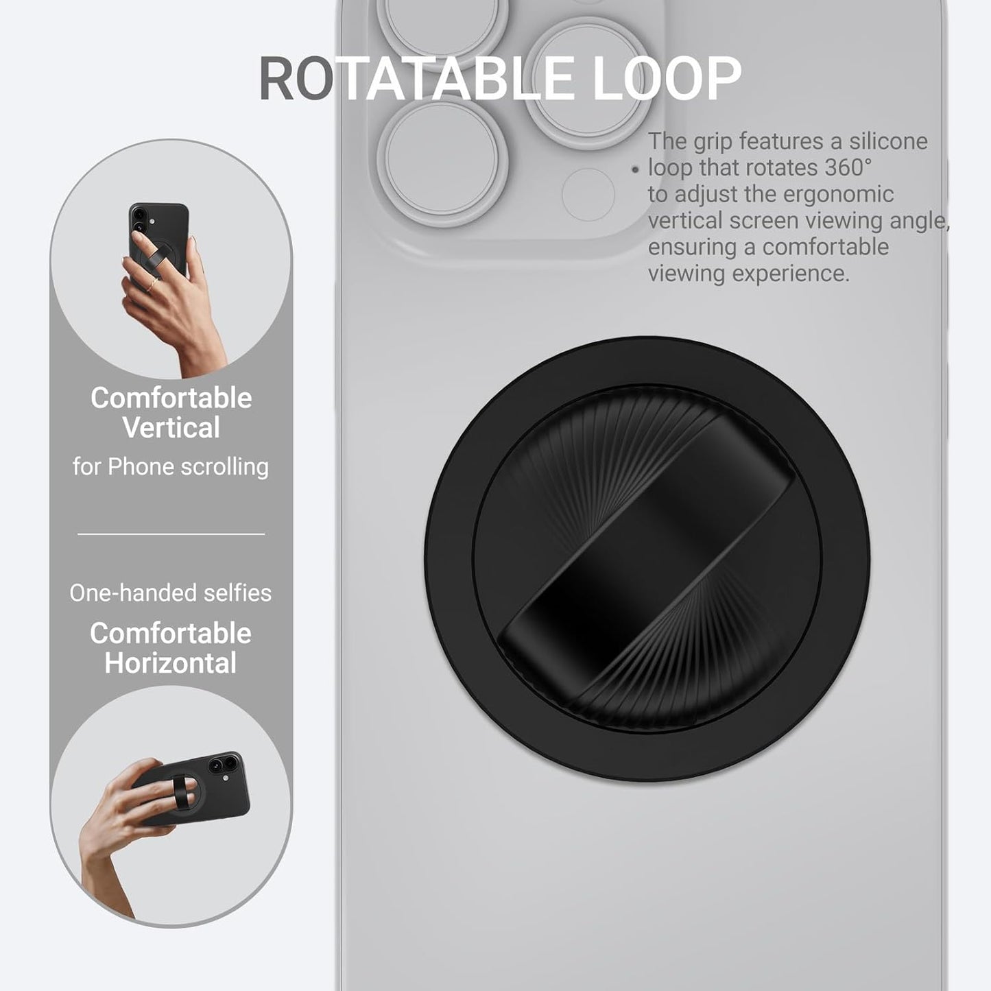 Grat 3 Lite Magnetic Phone Loop, [Nylon-core Silicone Strap] 360° Rotatable Phone Grip, Detachable Finger Holder Compatible with Magsafe for iPhone 16 15 14 13 12 Pro/max, Black