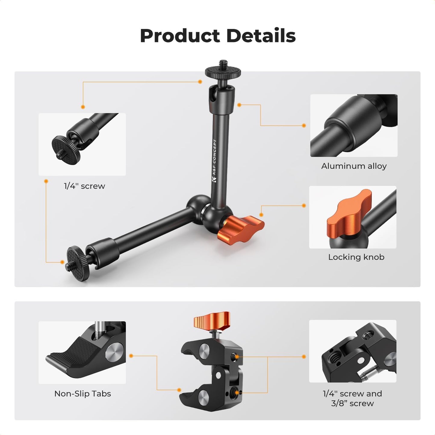 K&F CONCEPT 9.8" Magic Arm Clamp Kit with 1/4" & 3/8" Thread Screw 360° Ball Heads Articulating Magic Arm Camera Mount for Monitor, Flash, LED Light, Microphone, Camera Cage, Action Camera