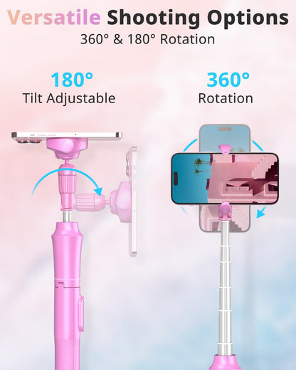 UBeesize 62'' Magnetic Selfie Stick Phone Tripod with Wireless Remote, Extendable Cell Phone Stand, Compatible with MagSafe, Cellphone Stand for iPhone 15 14 13 12 and Android Phones Pink