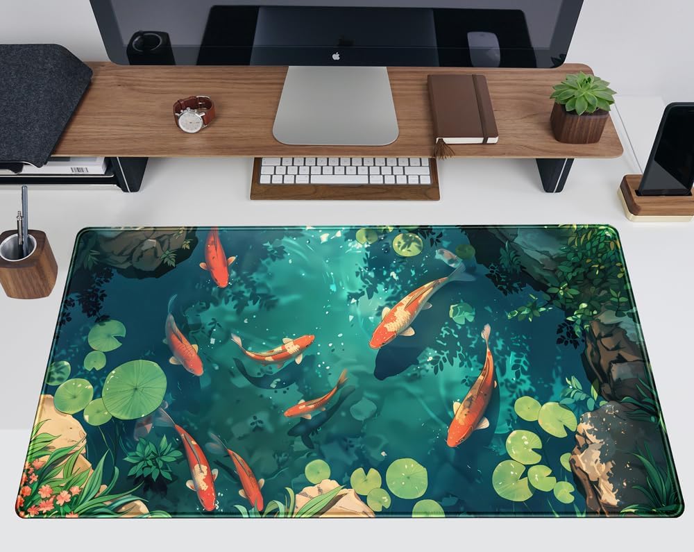 Koi Fish Desk Mat Gaming Koi Pond Desk Pad Large Cute Mouse Pad, Goldfish Mouse Mat XXL Laptop Keyboard Pad, Blue Waters Gamer Mouse Pad Full Mousepads Cool Office Accessories 31.5"x15.7"