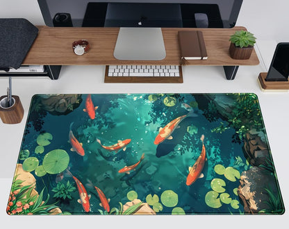 Koi Fish Desk Mat Gaming Koi Pond Desk Pad Large Cute Mouse Pad, Goldfish Mouse Mat XXL Laptop Keyboard Pad, Blue Waters Gamer Mouse Pad Full Mousepads Cool Office Accessories 31.5"x15.7"