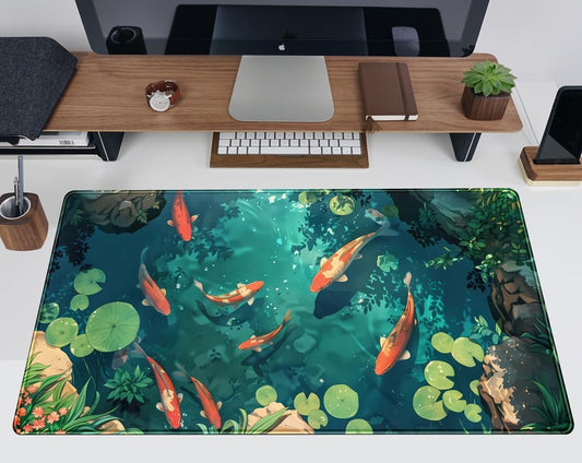 Koi Fish Desk Mat Gaming Koi Pond Desk Pad Large Cute Mouse Pad, Goldfish Mouse Mat XXL Laptop Keyboard Pad, Blue Waters Gamer Mouse Pad Full Mousepads Cool Office Accessories 31.5"x15.7"