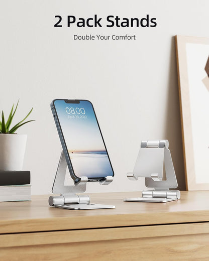 Nulaxy 2 Pack Dual Folding Cell Phone Stand, Fully Adjustable Foldable Desktop Phone Holder Cradle Dock Compatible with iPhone 17 16 15 14 13 12 Pro Max Xs Xr, All Phones, Silver