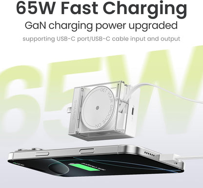 Retractable 65W USB C Charger, GaN Power Wall Charger with Retractable Cable, 2 Devices PD Fast Charging for MacBook Pro/Air, iPhone 16,Pixel Book, iPad Pro (White)