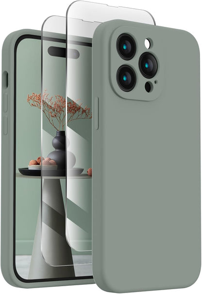 FireNova for iPhone 14 Pro Case, Silicone Upgraded [Camera Protection] Phone Case with [2 Screen Protectors], Soft Anti-Scratch Microfiber Lining Inside, 6.1 inch, Calke Green